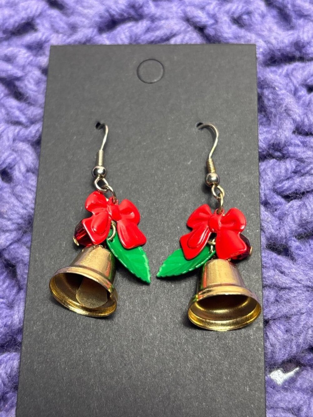 Vtg Goldtone Christmas Bell Dangle Earrings Red Enameled Bow Green Leaf Red Bead